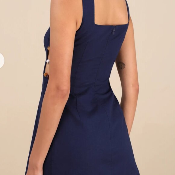 Lulus Pollie Navy Beaded Linen Sleeveless Mini Dress Blue - Size M - Picture 3 of 4